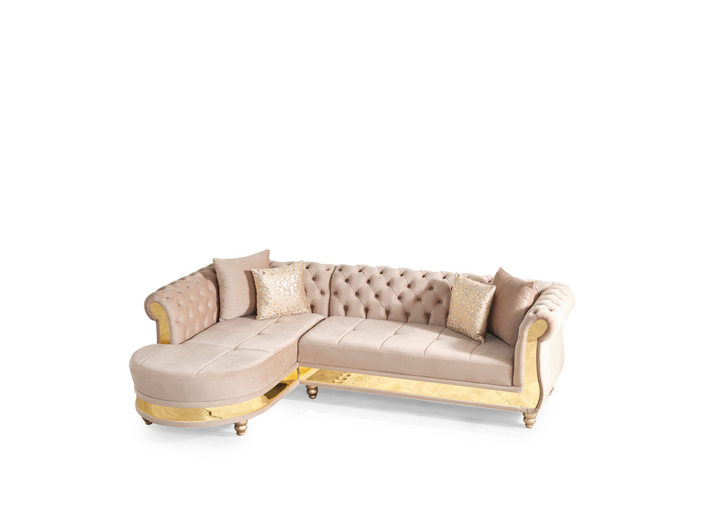 Tufted Velvet L-Shaped Sectional with Gold Trim, 109" in Black, Beige & Taupe