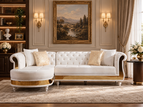 Beige Velvet Tufted Sectional with Gold Accents