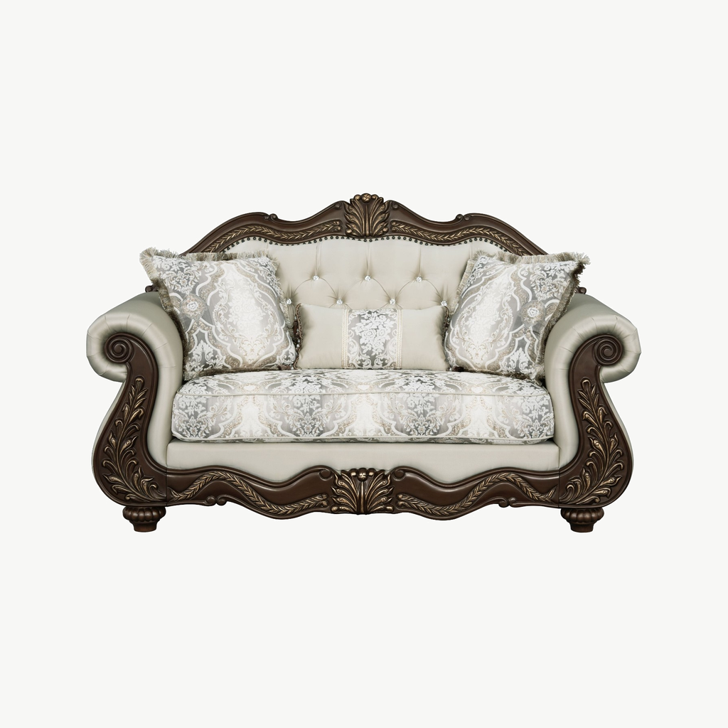 Ornate Beige Carved Wood 2-Piece Living Room Set