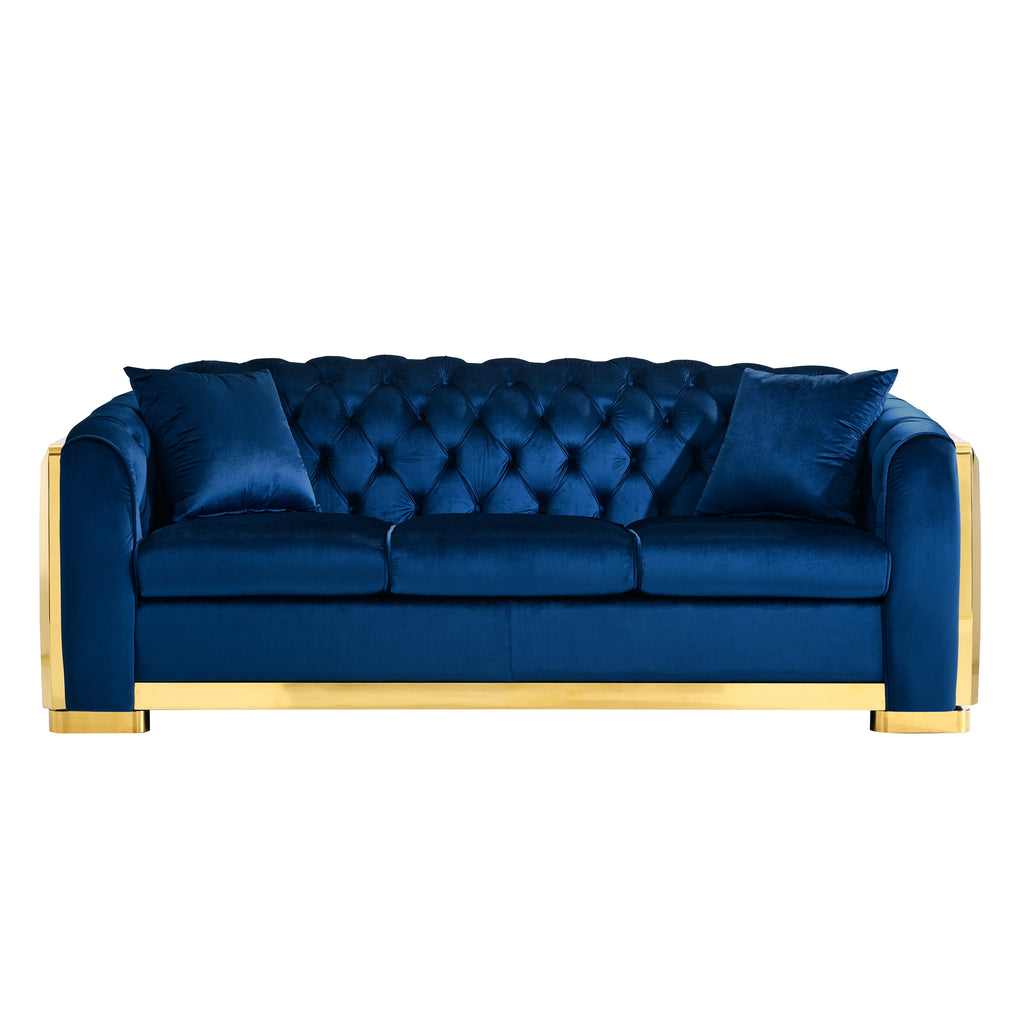 Tufted Velvet Chesterfield Sofa with Gold Trim, 84" in Black, Beige & Navy Blue