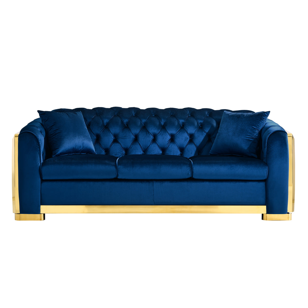 Tufted Velvet Chesterfield Sofa with Gold Trim, 84" in Black, Beige & Navy Blue
