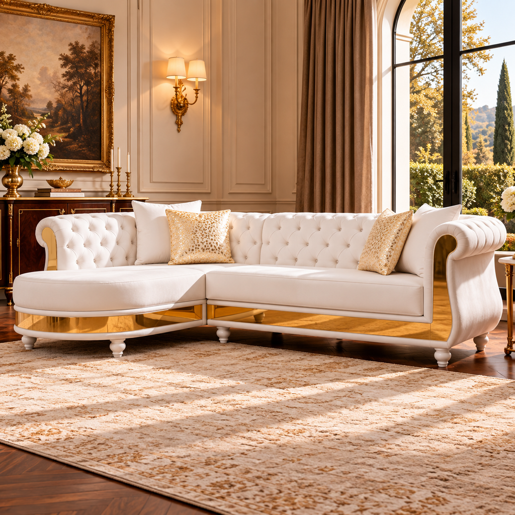 Tufted Velvet L-Shaped Sectional with Gold Trim, 109" in Black, Beige & Taupe