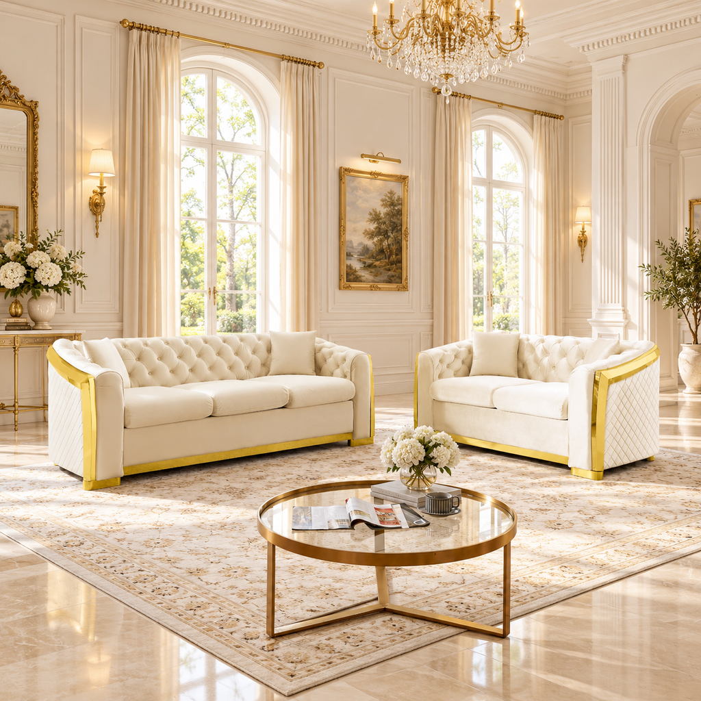 Tufted Velvet Chesterfield Sofa with Gold Trim, 84" in Black, Beige & Navy Blue