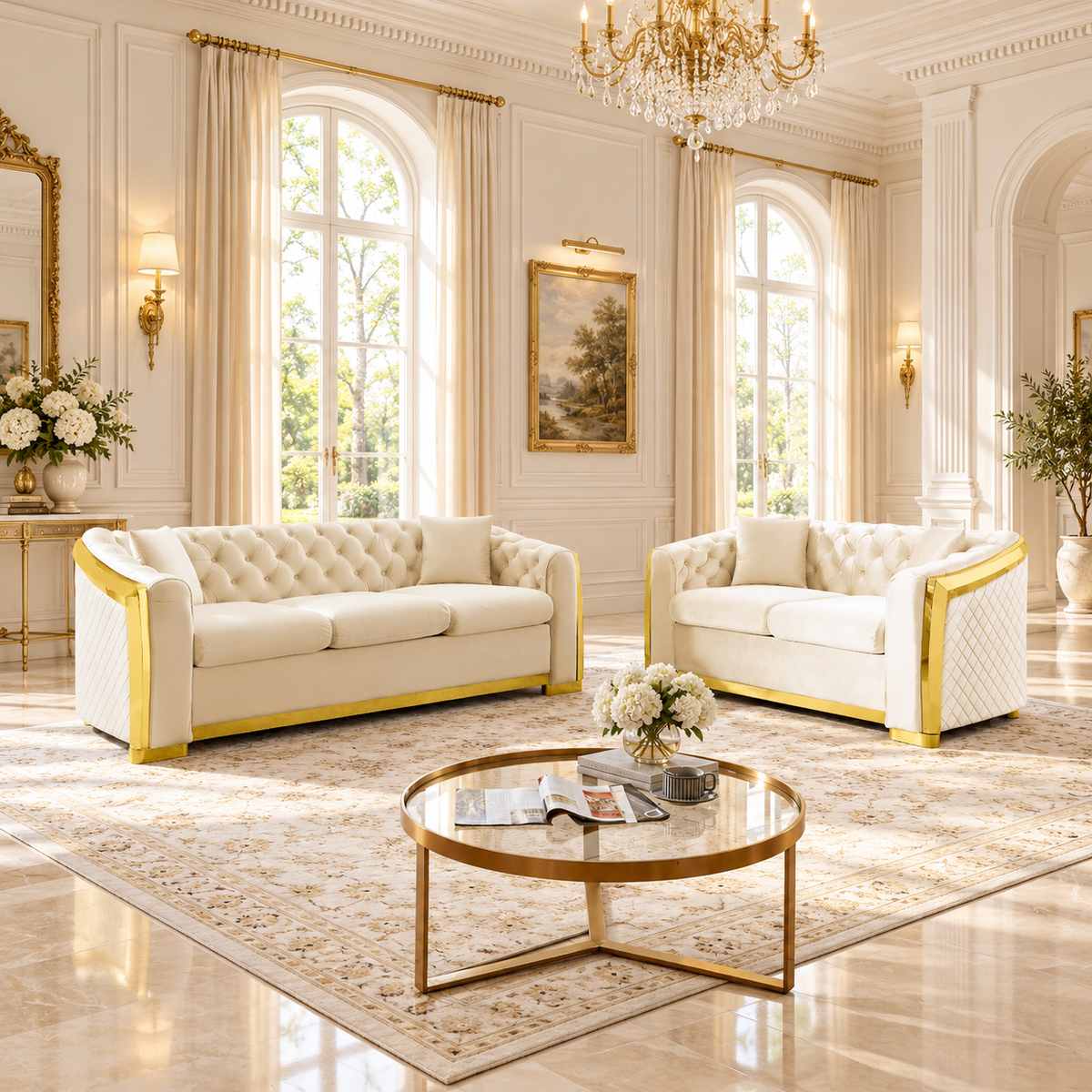 Tufted Velvet Chesterfield Sofa with Gold Trim, 84" in Black, Beige & Navy Blue