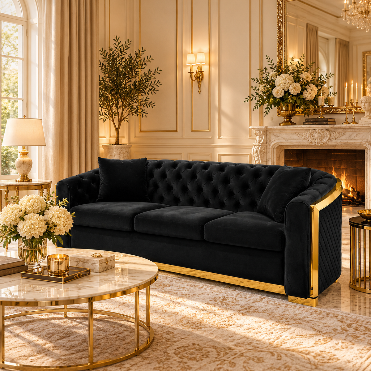 Tufted Velvet Chesterfield Sofa with Gold Trim, 84" in Black, Beige & Navy Blue