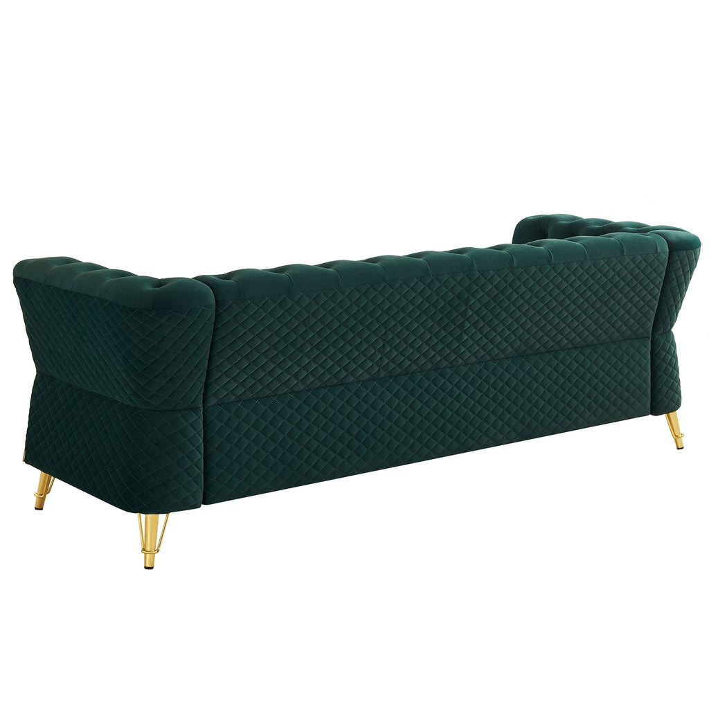 Deep Green Velvet Tufted Sofa, 87.4" 3-Seat with Flared Arms