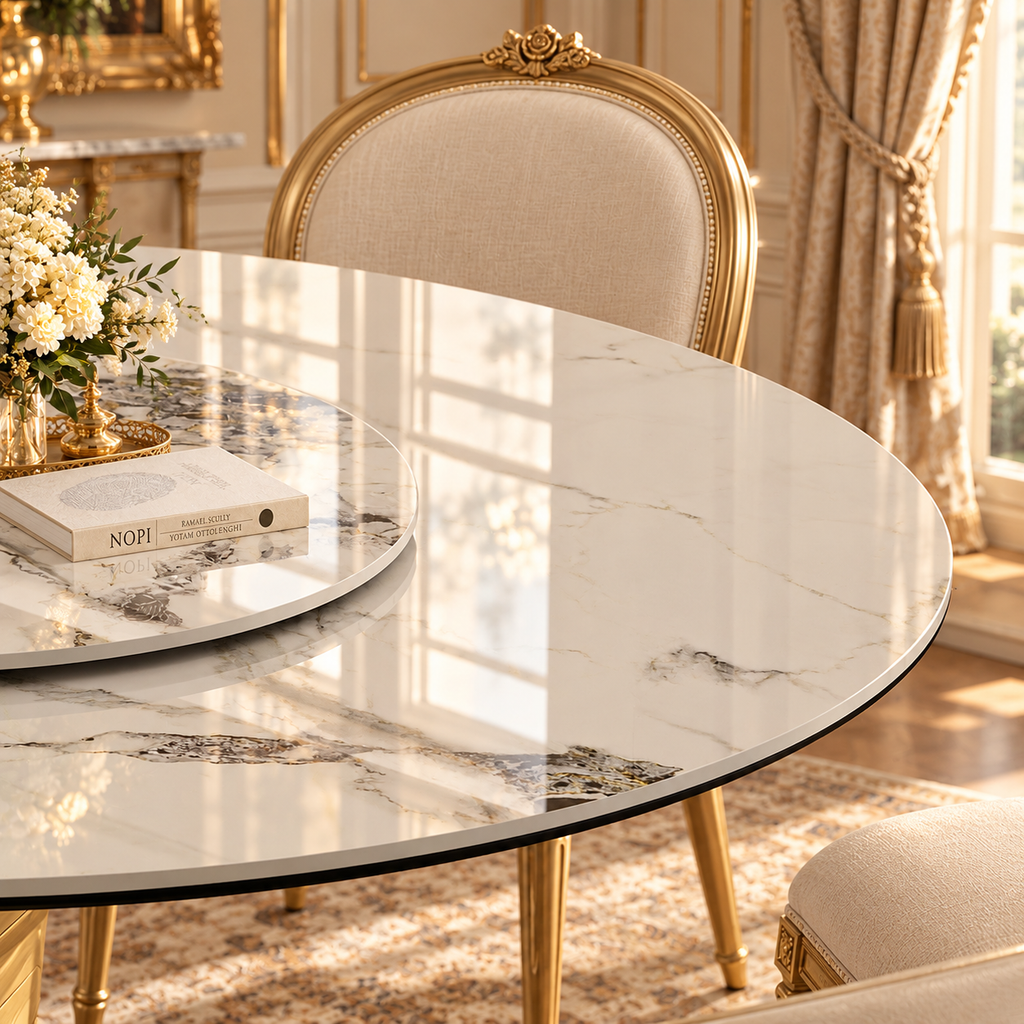 Round Sintered Stone Dining Table with Sculpted Gold Pedestal, 59"