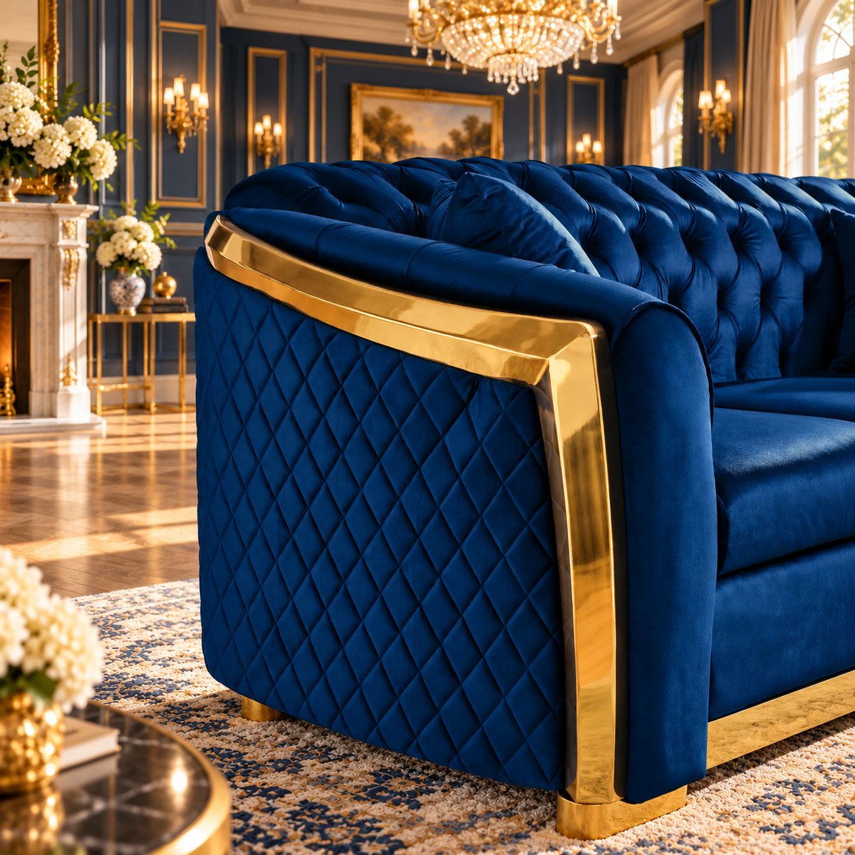 Tufted Velvet Chesterfield Sofa with Gold Trim, 84" in Black, Beige & Navy Blue