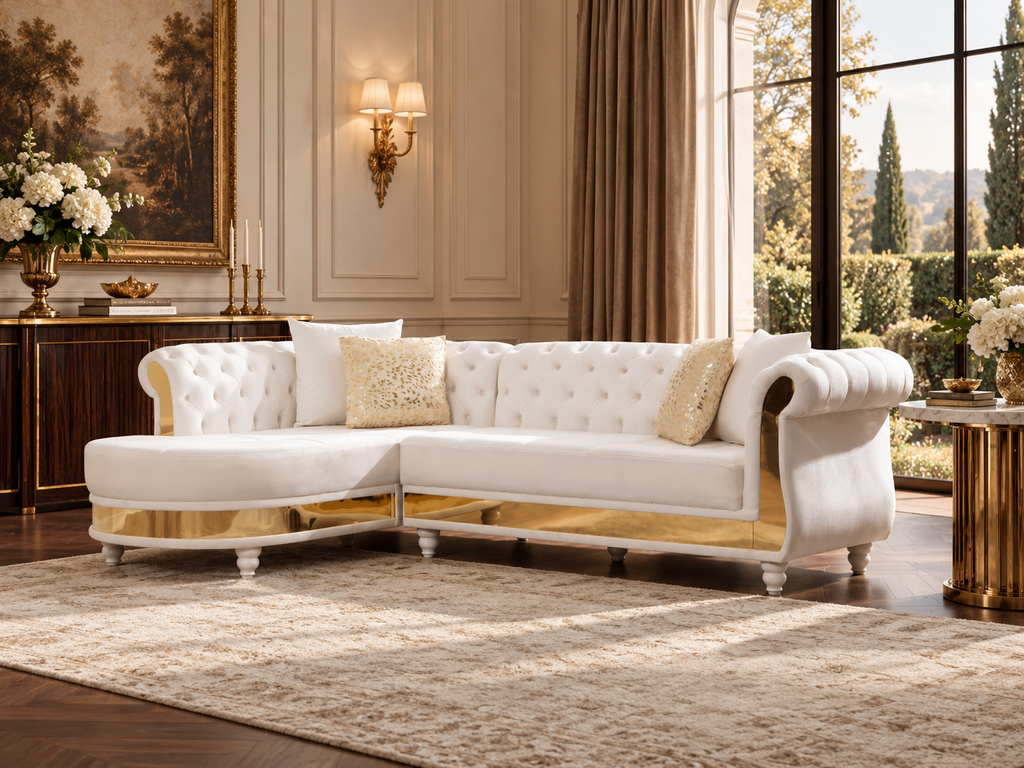Beige Velvet Tufted Sectional with Gold Accents