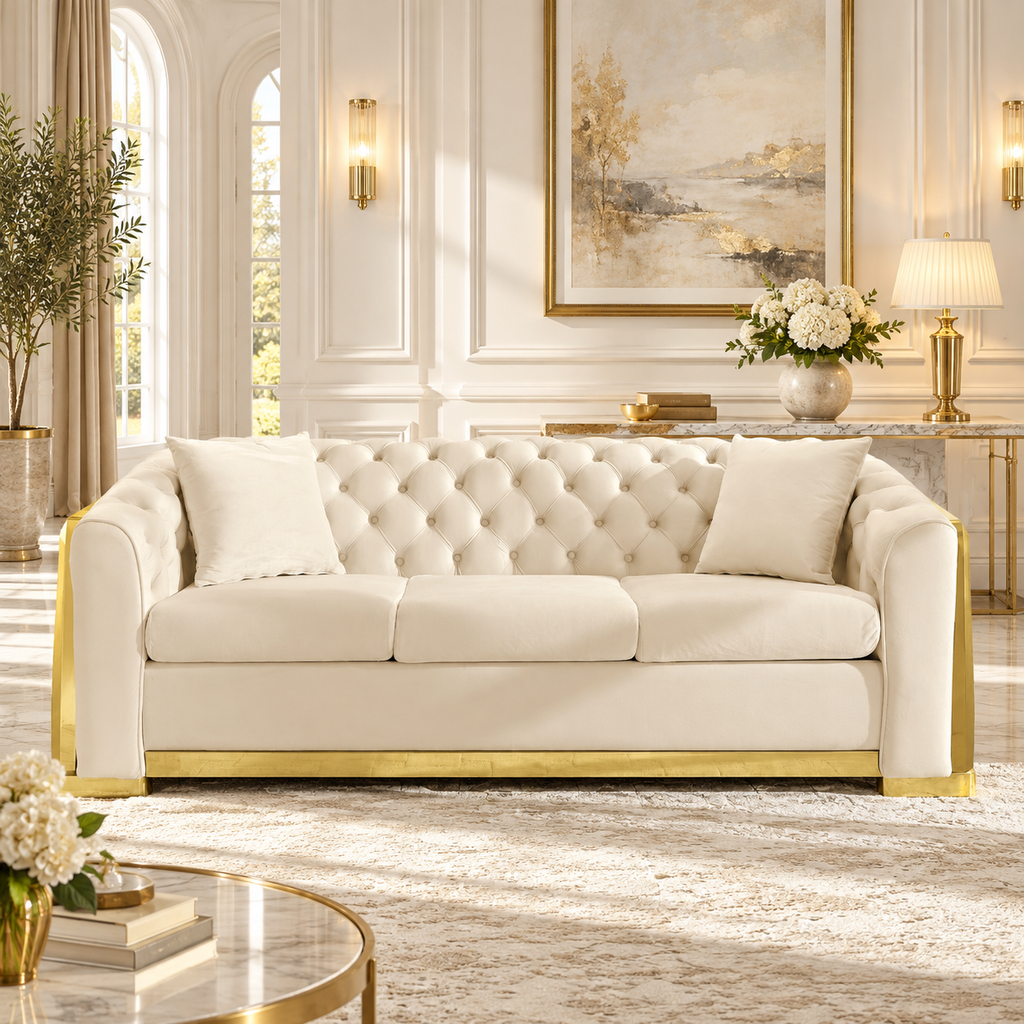 Tufted Velvet Chesterfield Sofa with Gold Trim, 84" in Black, Beige & Navy Blue