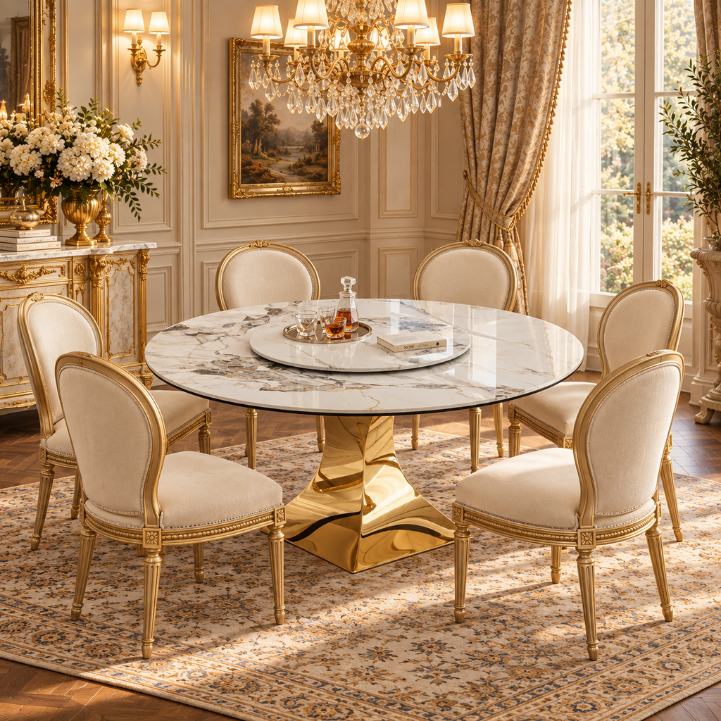 Round Sintered Stone Dining Table with Sculpted Gold Pedestal, 59"