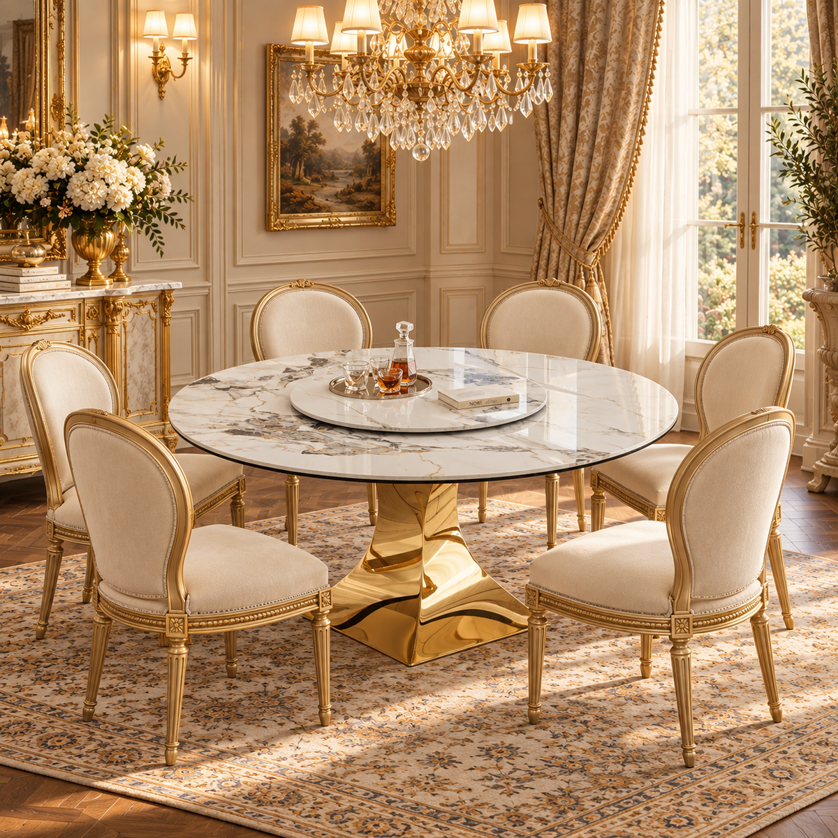 Round Sintered Stone Dining Table with Sculpted Gold Pedestal, 59"