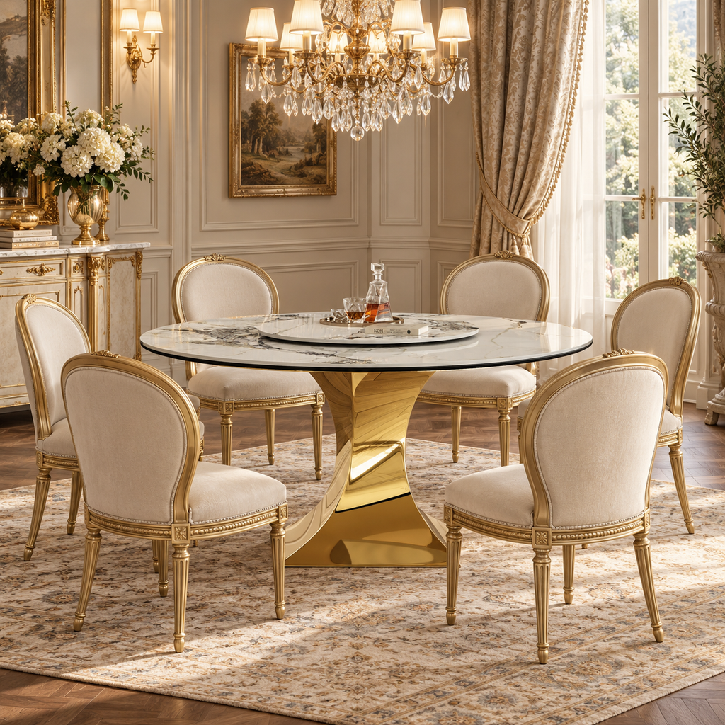 Round Sintered Stone Dining Table with Sculpted Gold Pedestal, 59"