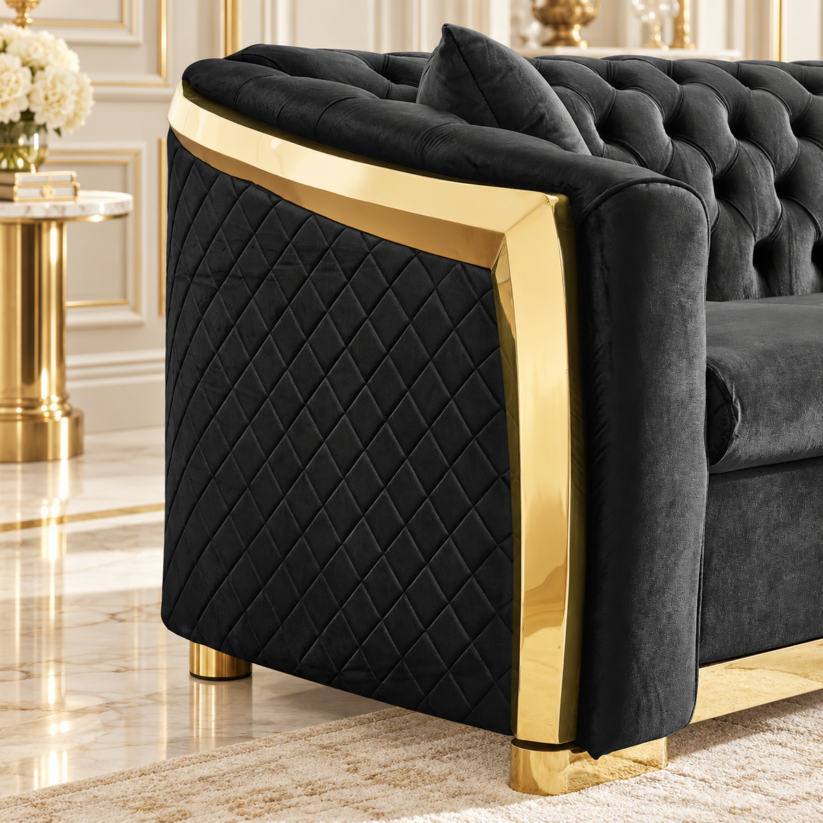 Tufted Velvet Chesterfield Sofa with Gold Trim, 84" in Black, Beige & Navy Blue