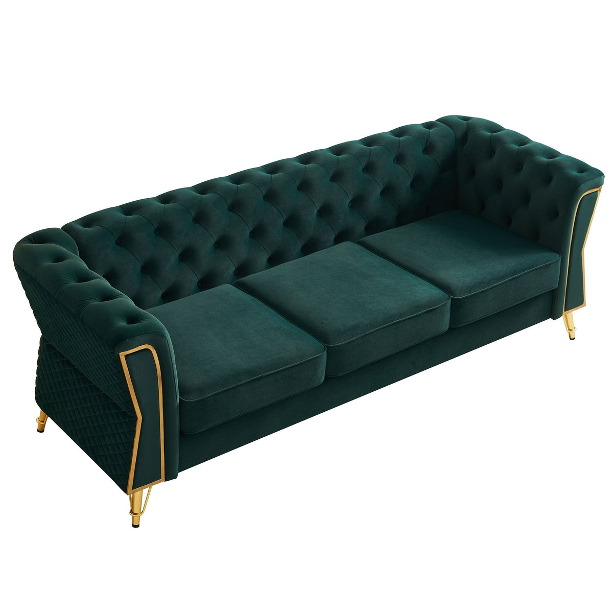 Deep Green Velvet Tufted Sofa, 87.4" 3-Seat with Flared Arms