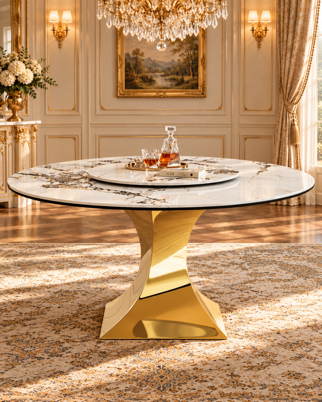 Round Sintered Stone Dining Table with Sculpted Gold Pedestal, 59"