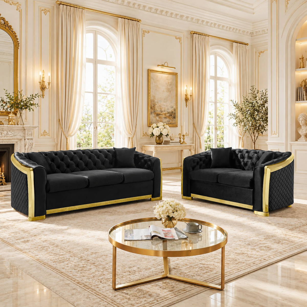 Tufted Velvet Chesterfield Sofa with Gold Trim, 84" in Black, Beige & Navy Blue