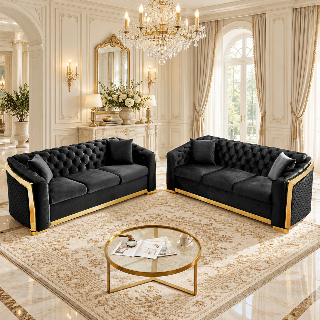 Tufted Velvet Chesterfield Sofa with Gold Trim, 84" in Black, Beige & Navy Blue