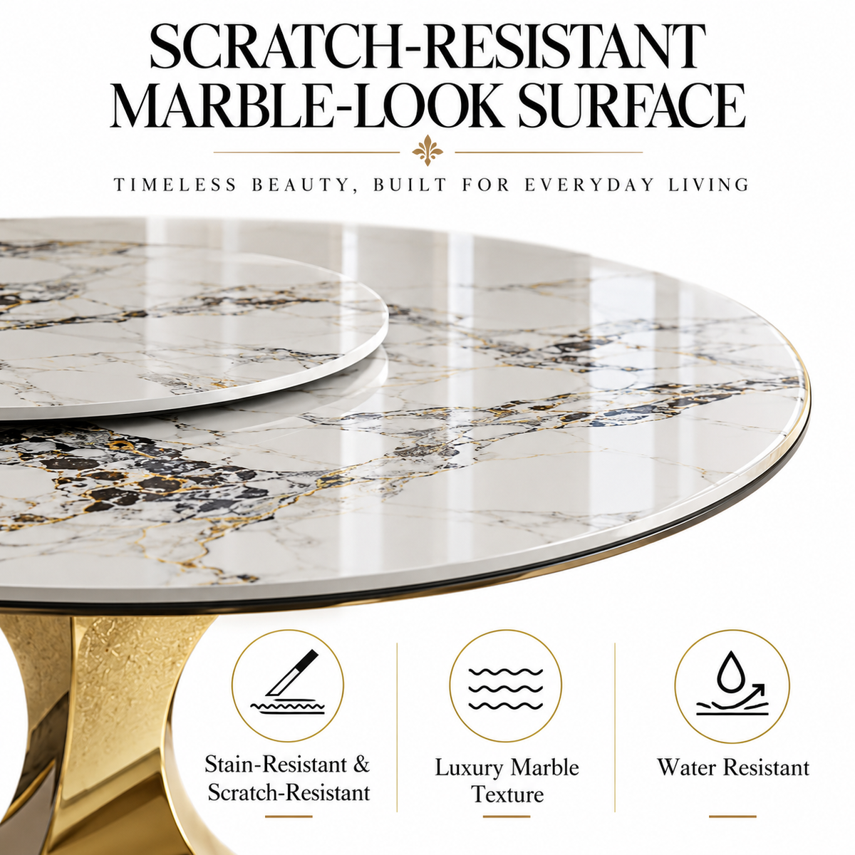 Round Sintered Stone Dining Table with Sculpted Gold Pedestal, 59"