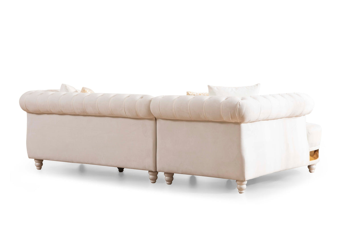 Beige Velvet Tufted Sectional with Gold Accents