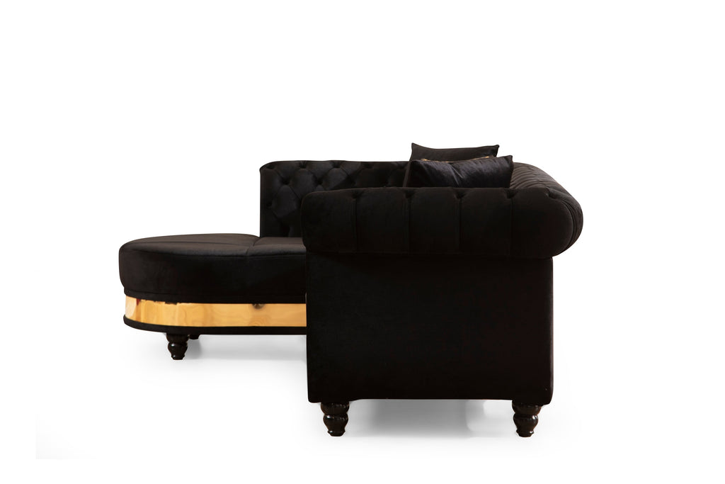 Tufted Velvet L-Shaped Sectional with Gold Trim, 109" in Black, Beige & Taupe