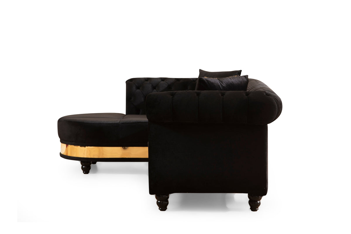 Tufted Velvet L-Shaped Sectional with Gold Trim, 109" in Black, Beige & Taupe