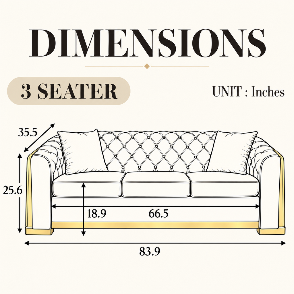 Tufted Velvet Chesterfield Sofa with Gold Trim, 84" in Black, Beige & Navy Blue