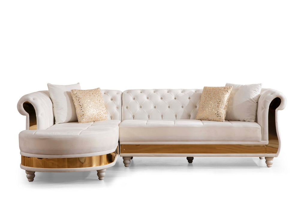 Beige Velvet Tufted Sectional with Gold Accents