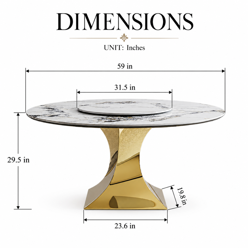 Round Sintered Stone Dining Table with Sculpted Gold Pedestal, 59"