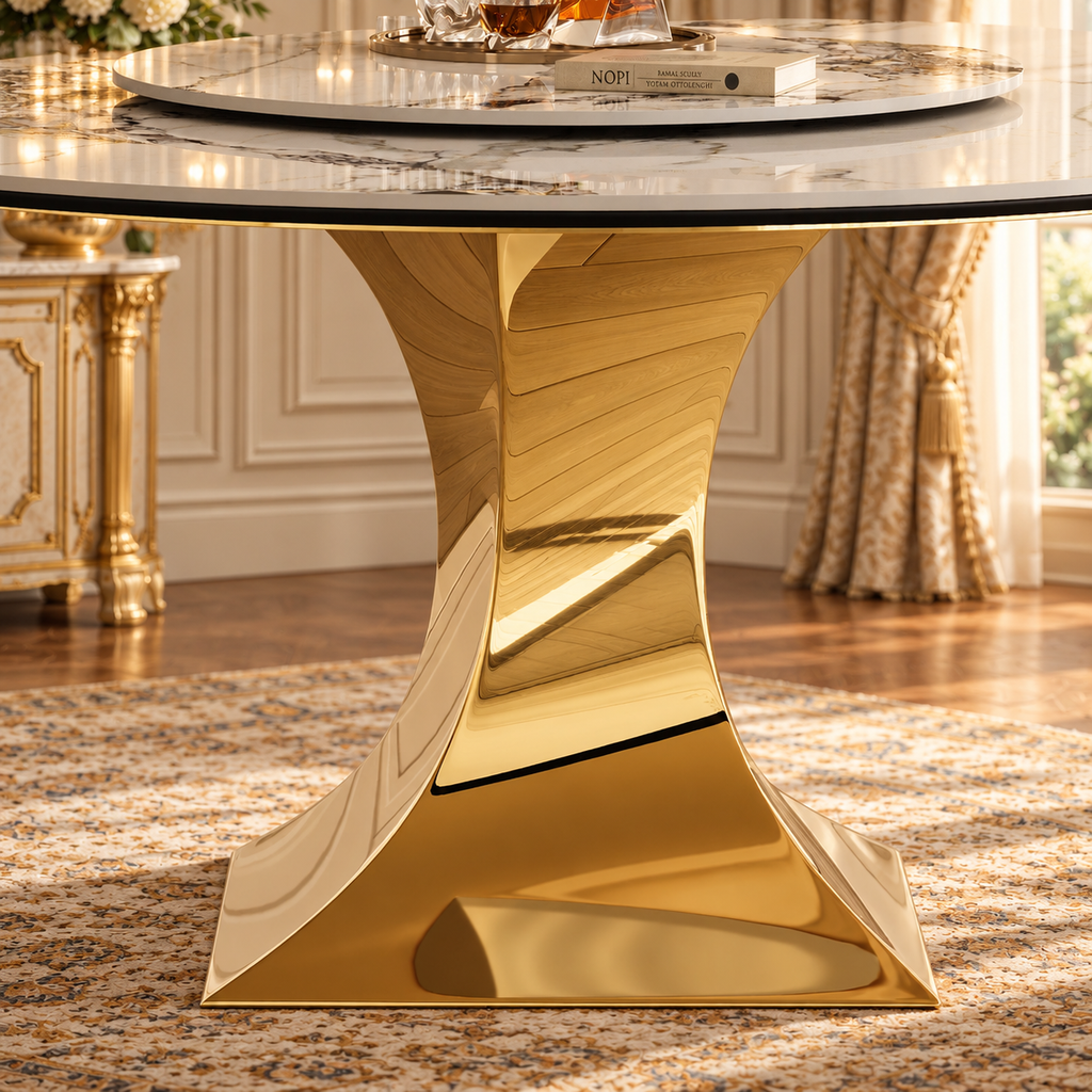 Round Sintered Stone Dining Table with Sculpted Gold Pedestal, 59"