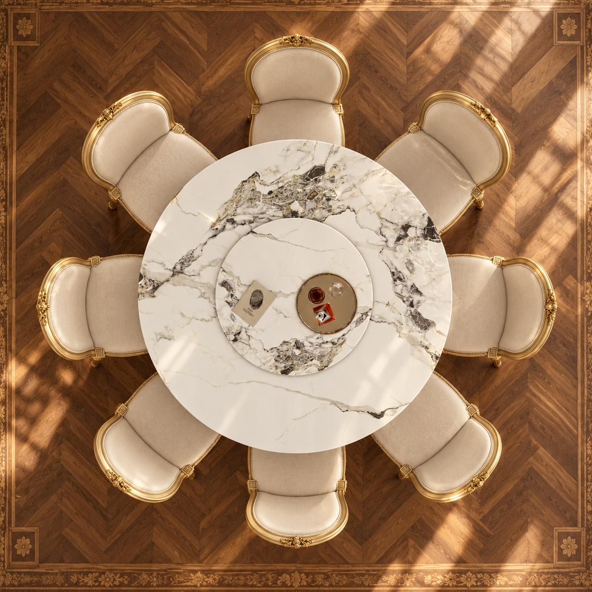 Round sintered stone dining table, overhead view with eight chairs and center serving tray