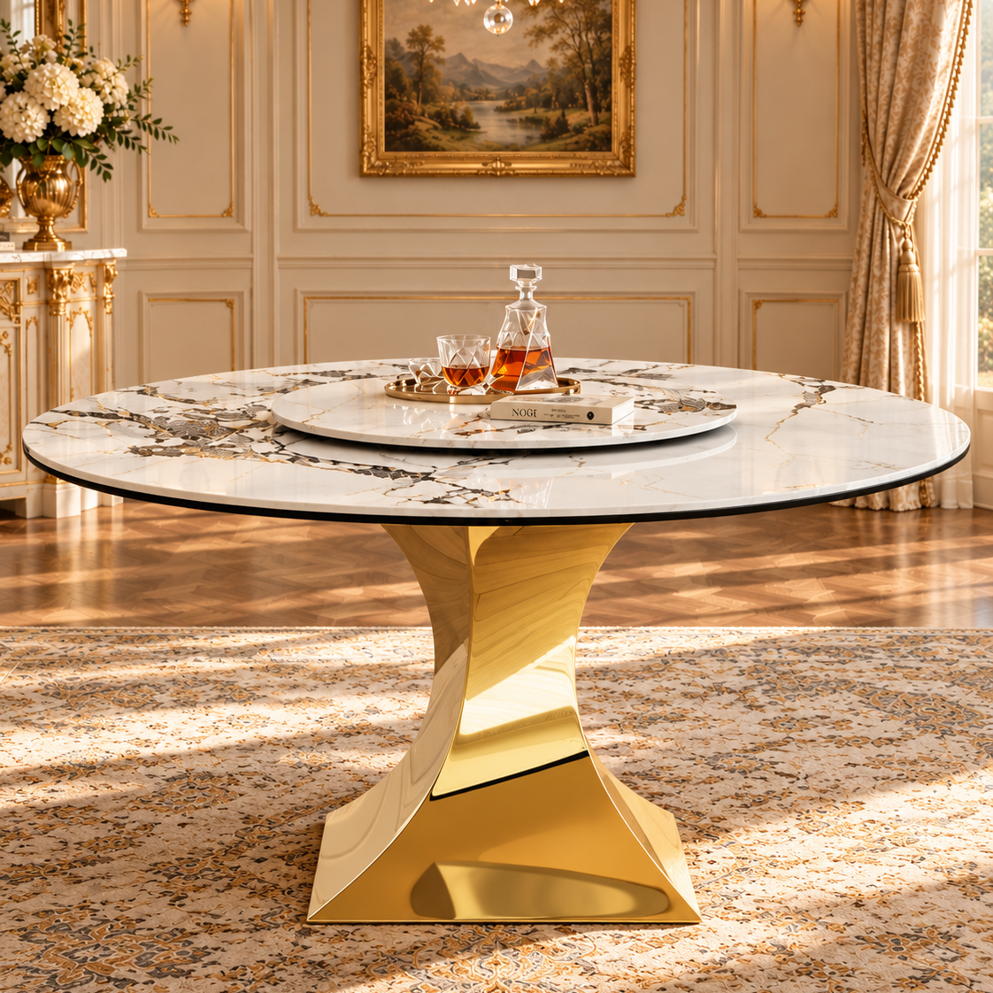 Round sintered stone dining table, close view of white marble-look top and twisted gold pedestal