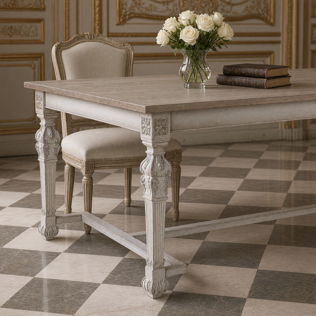 Close view of the carved rosette block, baluster leg and weathered top of the San Francisco Carved Dining Table in Natural Weathered Wood