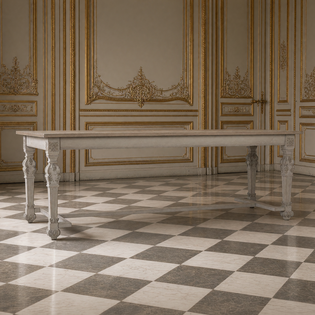 Front view of the San Francisco Carved Dining Table in Natural Weathered Wood in a French boiserie dining room