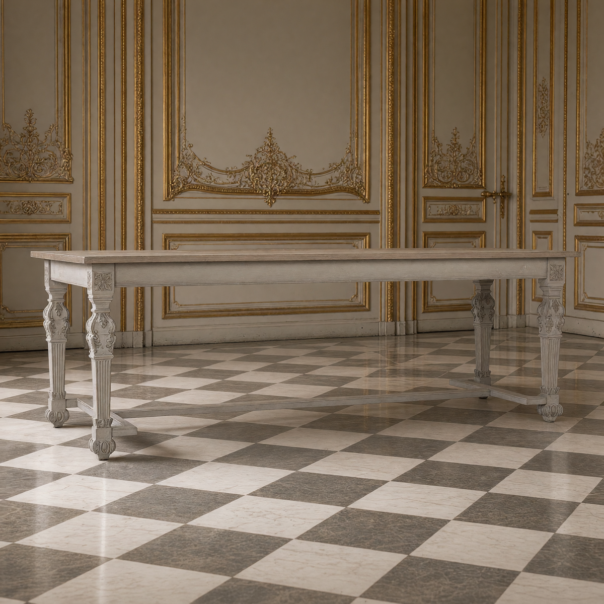 Front view of the San Francisco Carved Dining Table in Natural Weathered Wood in a French boiserie dining room