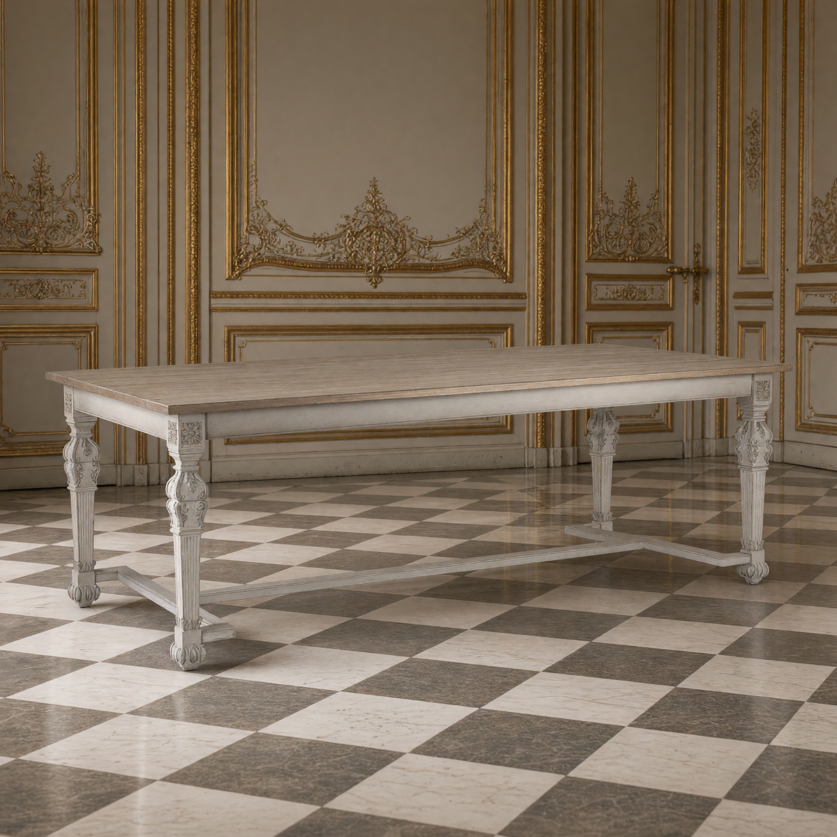 San Francisco Carved Dining Table in Natural Weathered Wood on a checkerboard marble floor in a French boiserie dining room