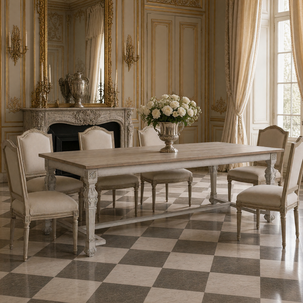 San Francisco Carved Dining Table in Natural Weathered Wood styled with Louis XVI dining chairs, a gilded mirror and white roses