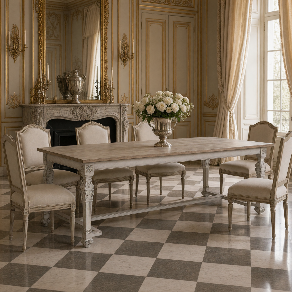 San Francisco Carved Dining Table in Natural Weathered Wood styled with Louis XVI dining chairs, a gilded mirror and white roses