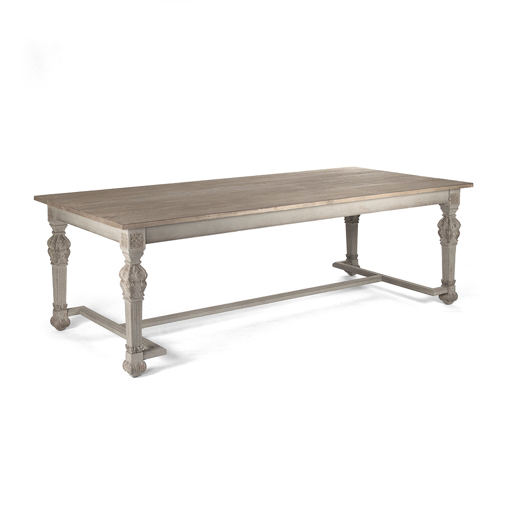San Francisco Carved Dining Table in Natural Weathered Wood, studio photo 1 of 4 on a white background