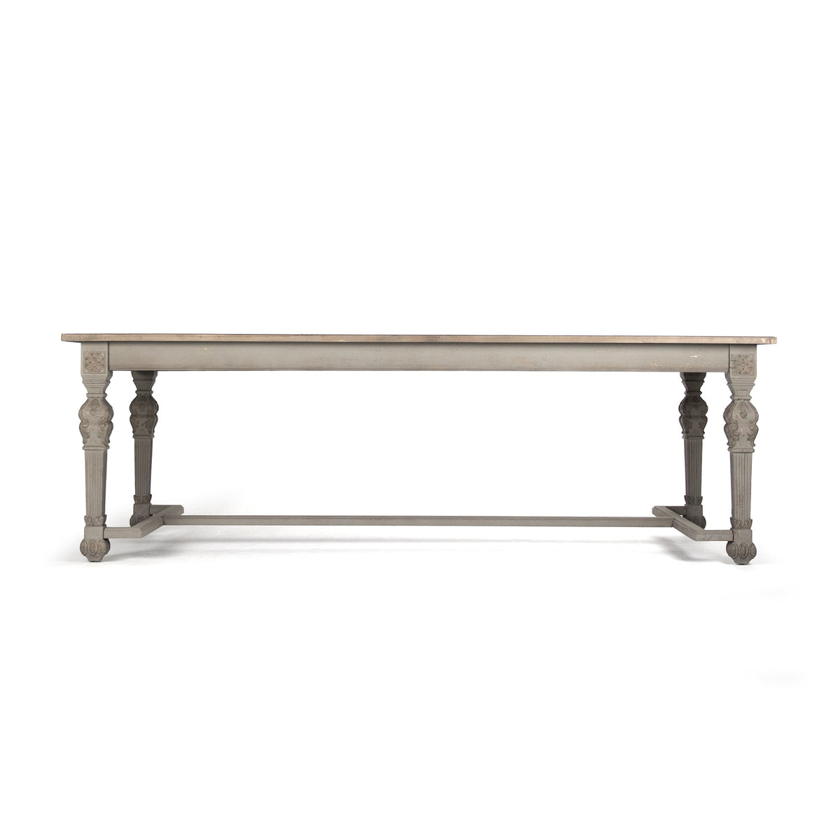 San Francisco Carved Dining Table in Natural Weathered Wood, studio photo 2 of 4 on a white background