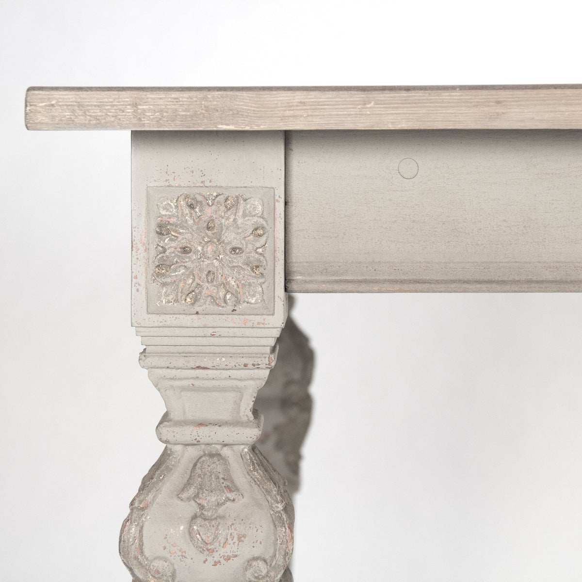 San Francisco Carved Dining Table in Natural Weathered Wood, studio photo 3 of 4 on a white background