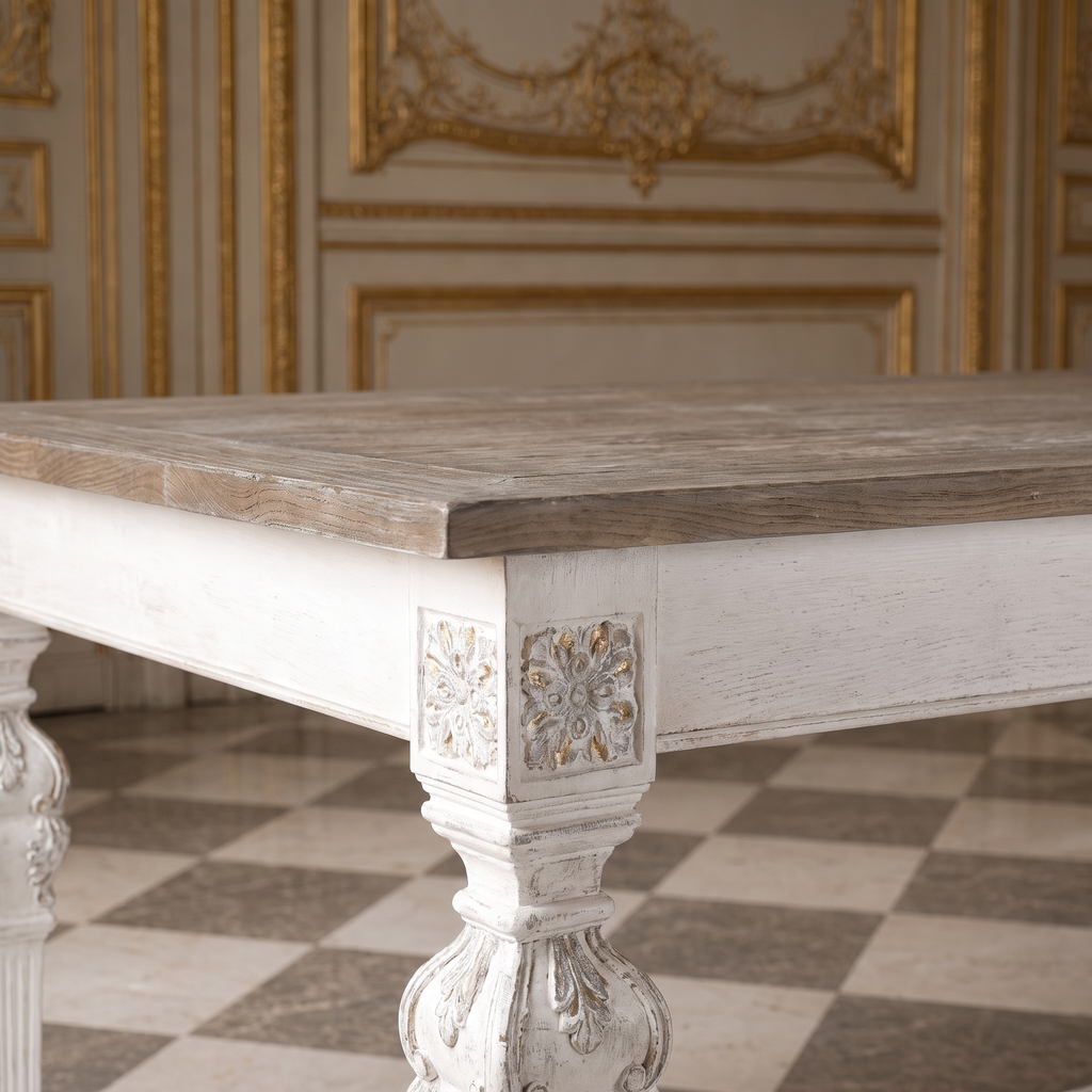 Close view of the carved rosette leg block and weathered wood top of the San Francisco Carved Dining Table