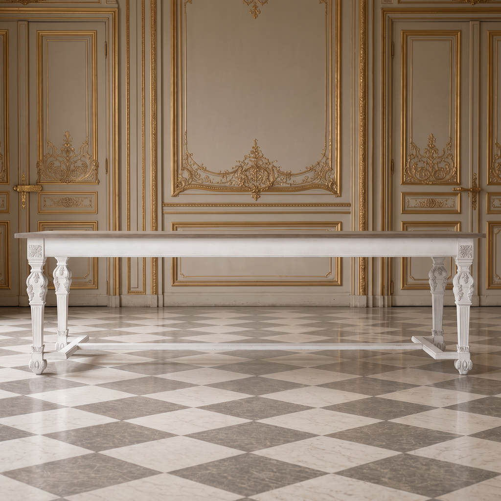 Front view of the San Francisco Carved Dining Table in a French boiserie dining room