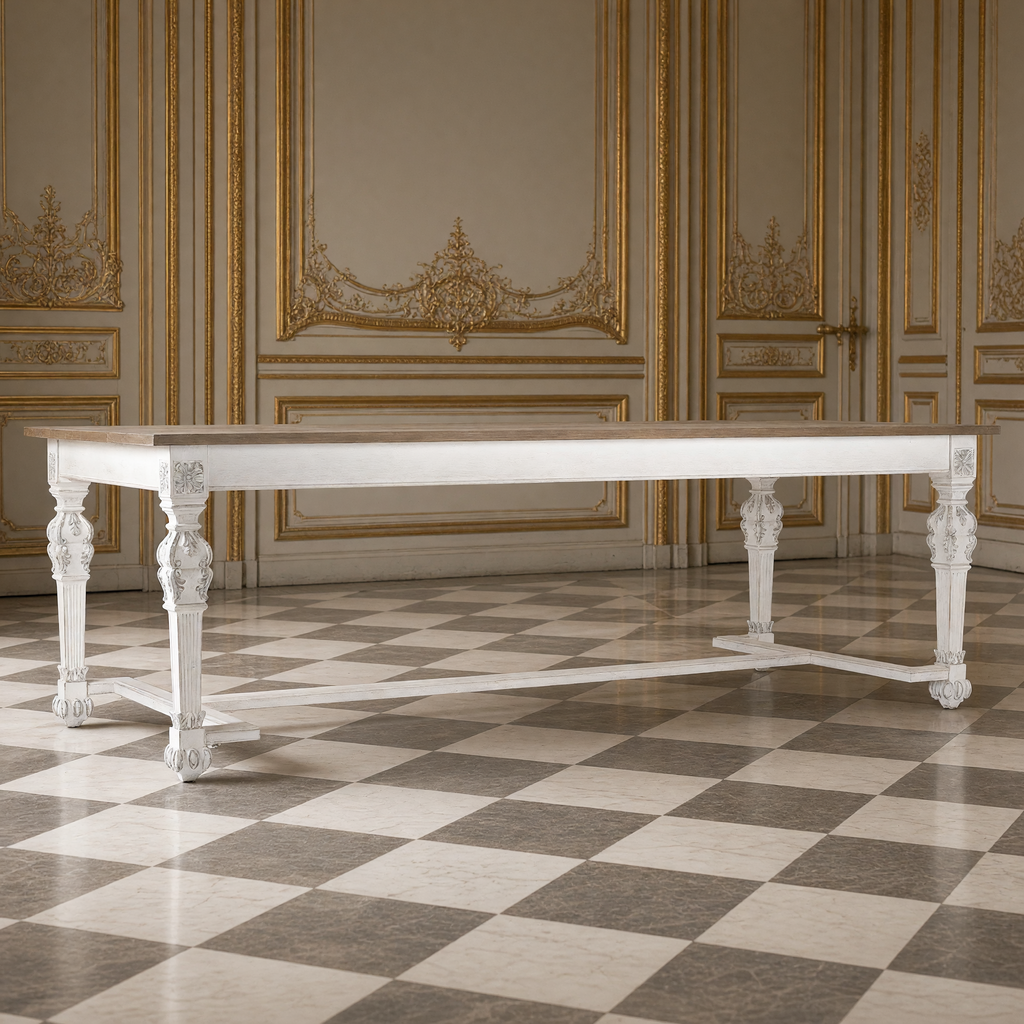 San Francisco Carved Dining Table in white with a weathered wood top on a checkerboard marble floor in a French boiserie dining room