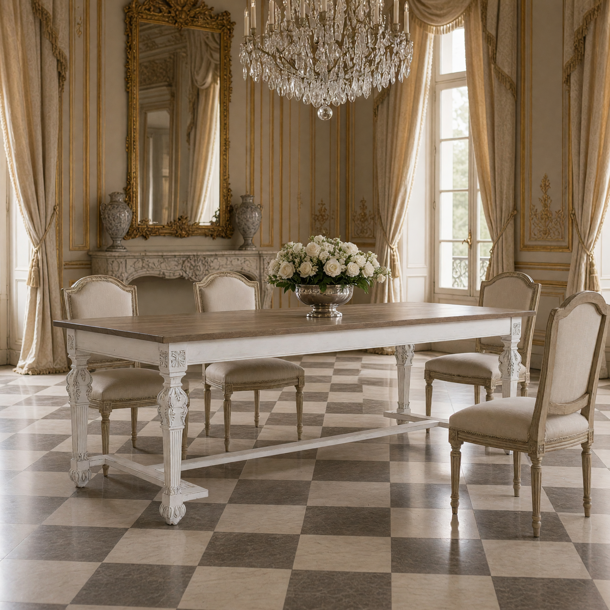San Francisco Carved Dining Table styled with Louis XVI dining chairs, white roses and a crystal chandelier