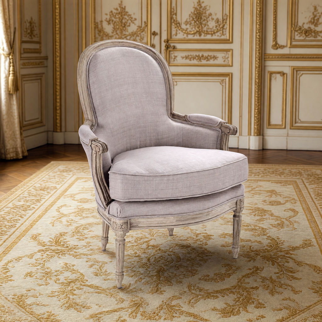 Sebastian French Carved Elm Silk Bergère Chair in Mauve Grey Silk, in a French salon on an Aubusson carpet
