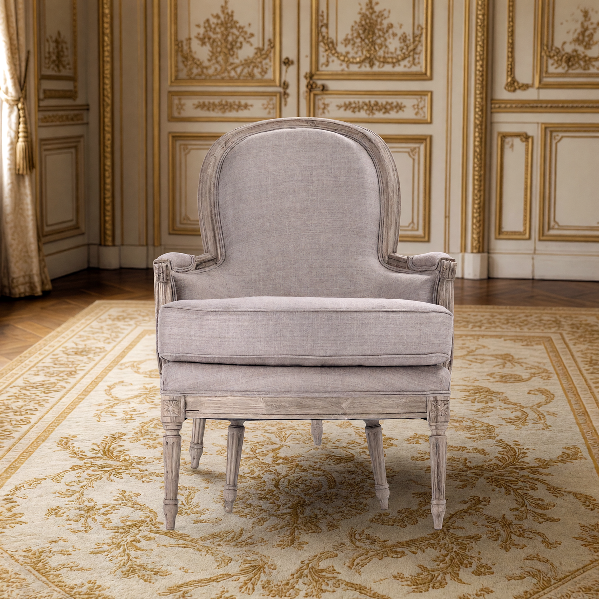 Sebastian French Carved Elm Silk Bergère Chair in Mauve Grey Silk, front view in a French salon
