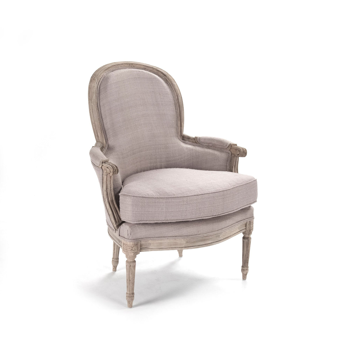 Sebastian French Carved Elm Silk Bergère Chair in Mauve Grey Silk, studio photo 1 of 3 on a white background