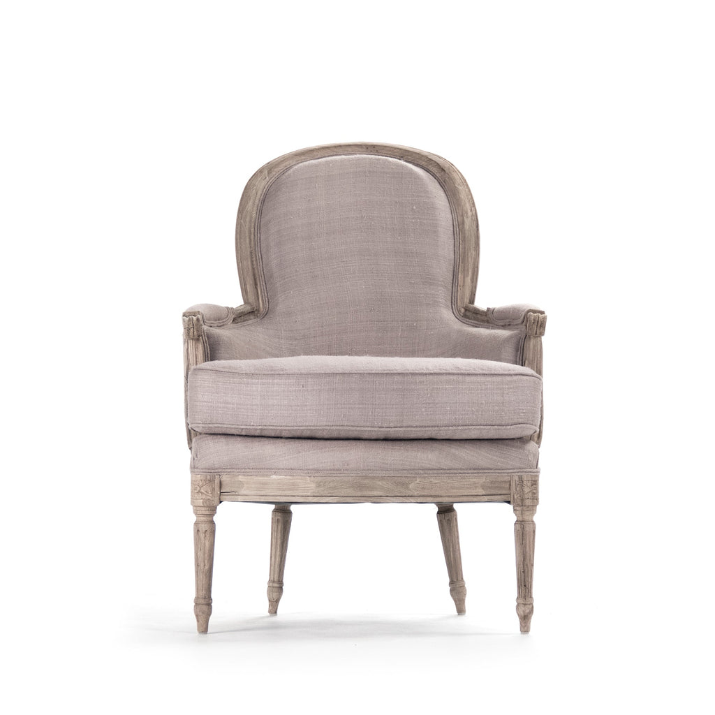 Sebastian French Carved Elm Silk Bergère Chair in Mauve Grey Silk, studio photo 2 of 3 on a white background