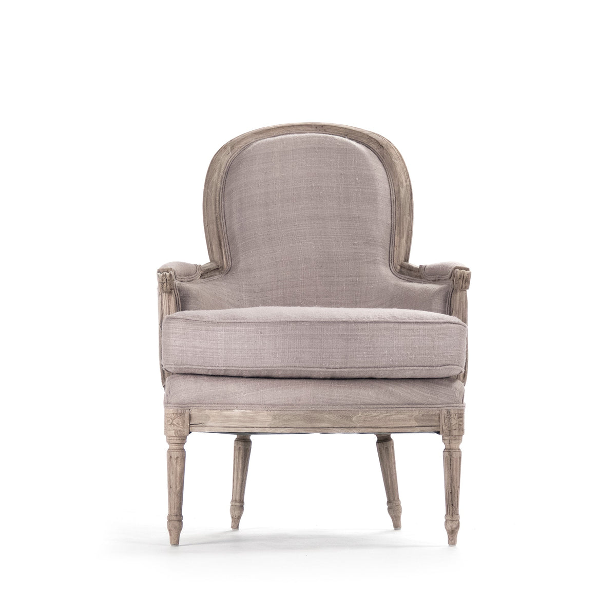 Sebastian French Carved Elm Silk Bergère Chair in Mauve Grey Silk, studio photo 2 of 3 on a white background